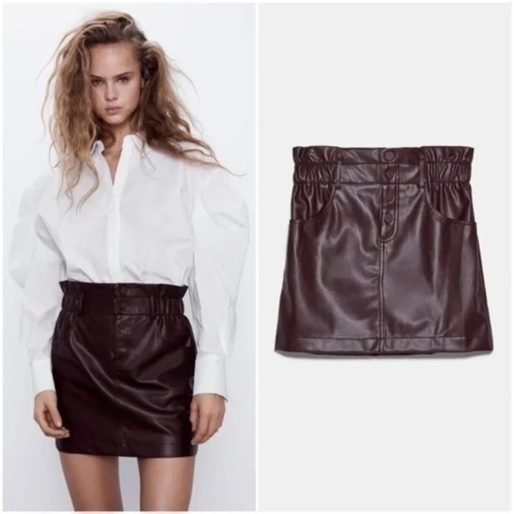 ZARA Faux Leather Paper Bag Hi-Waist Mini Skirt with pockets 5427/150 - Picture 2 of 11